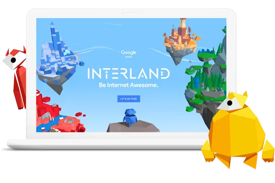 Ilustración de la pantalla principal de Interland en una computadora en la que se observan criaturas del juego vigilando
