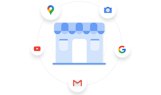 Значок обычного магазина, окруженный значками брендов Google Карт, Google Картинок, Google Поиска, YouTube и Gmail.